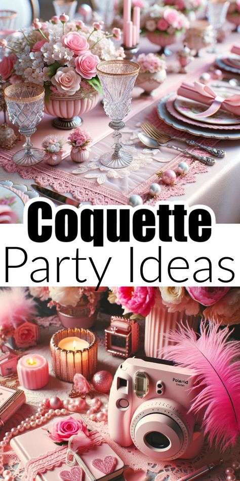 Planning a coquette party? These coquette-inspired party ideas are just what you need to set the ambiance with decoration ideas, music, food, and more. Pink Coquette Party Theme, Sweet Sixteen Tea Party Ideas, Croquette Party Decor, Tea Party Grad Party, Pink Coquette Party, Coquette Table Decor, Coquette Party Decoration Ideas, Coquette Centerpieces, Coquette Party Decor