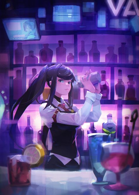 Don Corgi 🐧 (@DonCorgi) / Twitter Leaning On Counter Pose, Bartender Pose Reference, Bartender Character Design, Bartender Character, Bartender Illustration, Bartender Anime, Julianne Stingray, Va11 Hall A, Jill Stingray