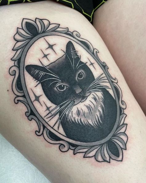 Tattoo Of Cats Ideas, Cat Portrait Tattoo Black And Grey, Trad Black Cat Tattoo, American Traditional Tattoos Black Cat, Detailed Cat Tattoo, Dracula Inspired Tattoo, Cat Tattoo 3 Cats, House Cat Tattoo, Sentimental Cat Tattoos