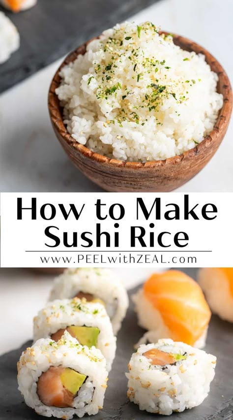 Learn how to make sushi rice for sushi rolls. The tried and true method for making sushi vinegar and making the best seasoned rice for sushi rolls. Rice For Sushi, Paleo Sushi, Perfect Sushi Rice, Best Sushi Rice, Sushi Rice Recipe, Making Sushi Rice, Cooked Sushi Recipes, Sushi Rice Recipes, Cooked Sushi