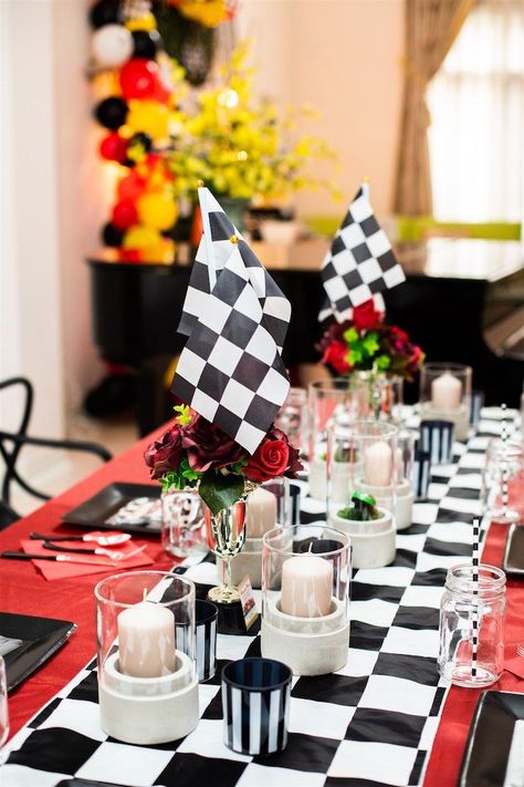 Racer Check Guest Table Decor from a Race Car Birthday Party on Kara's Party Ideas | KarasPartyIdeas.com (12) Speed Limit 55 Birthday Decorations, Checkered Table Runner, Checkered Party, Car Centerpieces, Ferrari Party, Create A Color Palette, Checkered Table, Flag Table, Race Car Themes