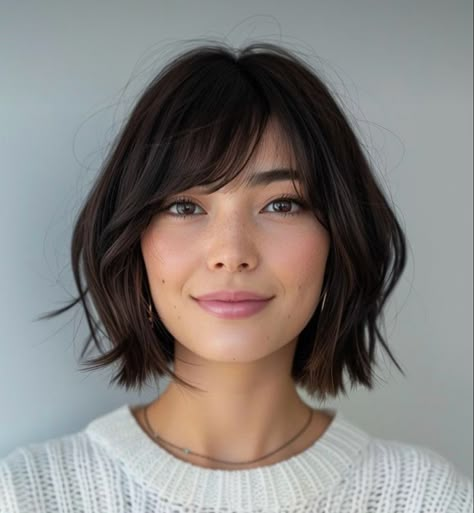 Short Hair Bob With Curtain Bangs, French Women With Glasses, Asian Short Hair Square Face, Bob Big Forehead, French Bob On Chubby Face, Shoulder Length French Bob, Straight Bob Curtain Bangs, Short Bob Side Bangs, French Bob With Fringe Fine Hair