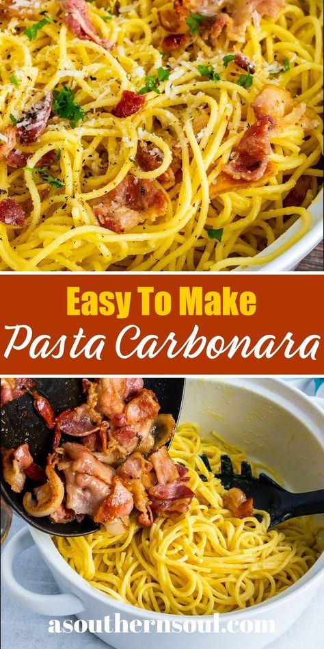 Pasta Carbonara is a classic recipe that’s simple to make with just a few ingredients. Cooked spaghetti tossed in a rich, silky sauce made with eggs and Parmesan cheese then sprinkled with smokey bacon makes a delicious dish perfect for a family meal or entertaining! Bacon Carbonara, Pasta Carbonara Recipe, Simple Sides, Egg And Bacon, Carbonara Sauce, Greek Salad Pasta, Greek Pasta, Carbonara Recipe, Pasta Carbonara