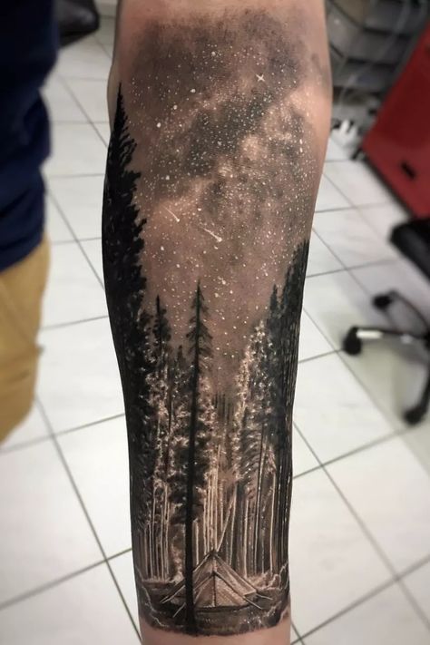 Forest Tattoo Sleeve, Space Tattoo Sleeve, Natur Tattoo Arm, Tree Sleeve Tattoo, Tree Sleeve, Tree Tattoo Men, Sky Tattoos, Nature Tattoo Sleeve, Forest Tattoos