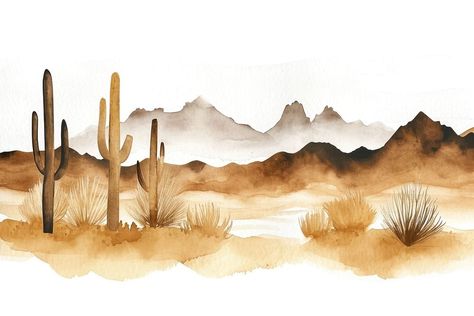 Desert landscape outdoors nature. | premium image by rawpixel.com / Ake Desert Watercolor Paintings, Watercolor Desert Landscape, Watercolor Paint Ideas, Desert Watercolor, Desert Tattoo, Desert Landscape Painting, Desert Landscape Art, Atmospheric Perspective, Cactus Watercolor