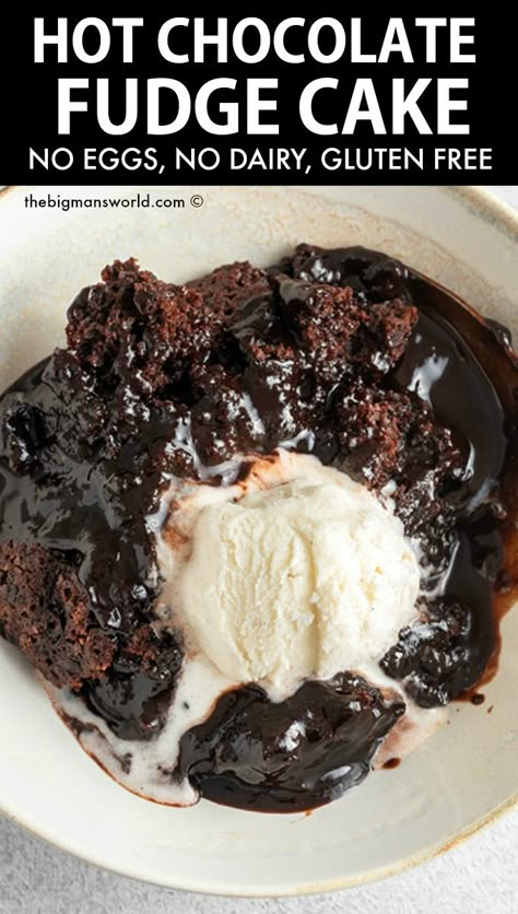 This hot fudge chocolate cake has no eggs or dairy, it's dessert comfort food at it's finest- Also known as a chocolate cobbler or a chocolate self saucing pudding, it's vegan and gluten free! Gluten Free Hot Fudge Cake, Gluten Free Yummy Desserts, Gluten Free Dairy Free Eggless Dessert, Dairy Egg Gluten Free Desserts, Gluten Free Self Saucing Pudding, Chocolate Pudding Dairy Free, Gluten Free Chocolate Cobbler, Gluten Free Fudge Cake, Chocolate Sauce Cake