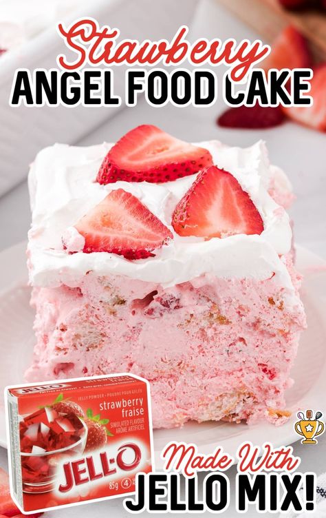 Enjoy a fluffy Strawberry Angel Food Cake topped with sweet strawberries and cream. Easy, impressive, and perfect for any occasion! Strawberry Jello With Strawberries, Mandarin Orange Angel Food Cake, Angel Food Jello Cake, Strawberry Heaven Dessert, Strawberry Jello Dessert Recipes, Angel Food Poke Cake, Berry Trifle Angel Food Cake, Angel Food Cake And Pineapple, Recipe For Angel Food Cake