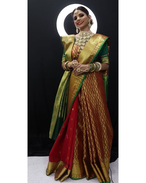 Double saree draping Double Drape Saree, Double Saree Draping Styles, Saree Draping Styles Wedding, Style Saree Draping, Red Bridal Style, Saree Pattern, Draping Styles, Saree Styling, Saree Drape