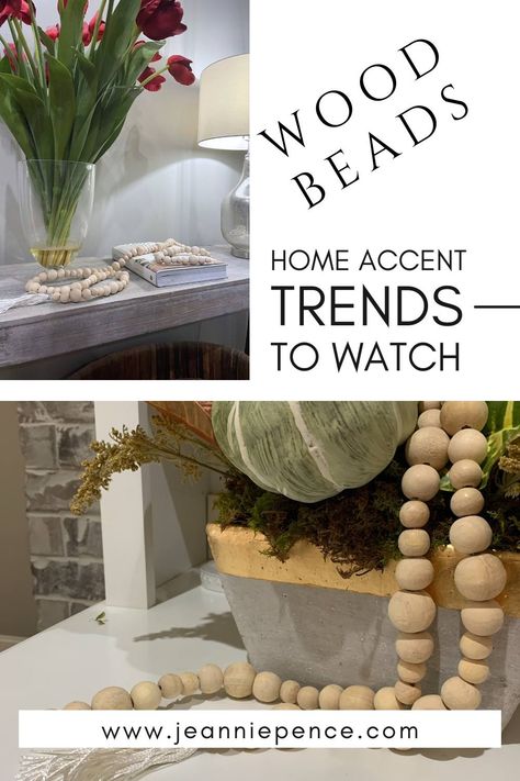 wood bead trends in home decor Wood Beads On Mantel, How To Style Wooden Bead Garland, How To Decorate With Beads, How To Decorate With Wooden Bead Garland, Wooden Bead Garland Decor Ideas, Decorating With Wooden Beads, Forsythia Wreath, Sunflower Arrangements, Wooden Bead Garland