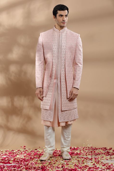 Pink Sherwani, Pants Embroidery, Wedding Clothes For Men, Indian Wedding Clothes For Men, Indian Wedding Clothes, Embroidered Sherwani, Zardosi Embroidery, Family Clothes, Sherwani Groom