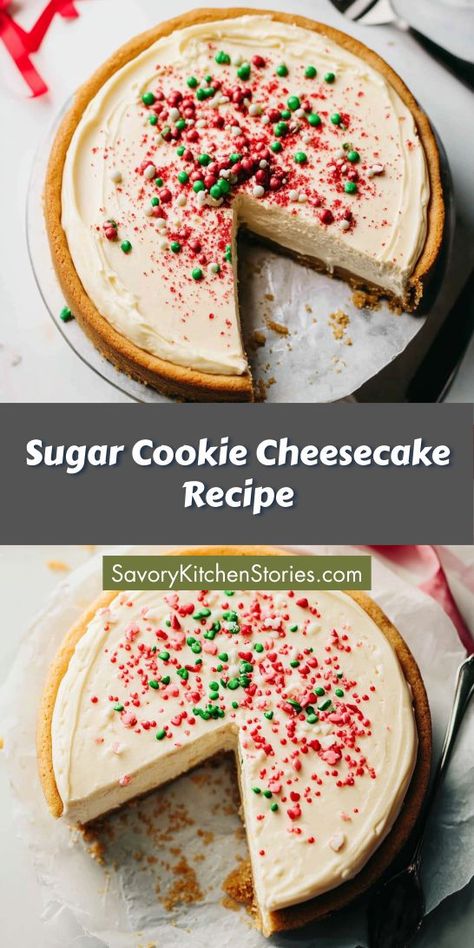 Searching for a show-stopping Christmas dessert to wow your guests? This Sugar Cookie Cheesecake Recipe delivers a deliciously festive flavor that’s sure to be a hit at any holiday gathering. Save this recipe for your next baking session and treat your loved ones to a dessert they won't forget! Sugar Cookie No Bake Cheesecake, Sugar Cookie Dough Cheesecake, Holiday No Bake Cheesecake, No Bake Sugar Cookie Cheesecake, Christmas Cheesecake Flavors, Holiday Cheesecake Bars, Cream Cheese Christmas Desserts, Sugar Cookie Cheesecake Recipe, Christmas Desserts With Cream Cheese