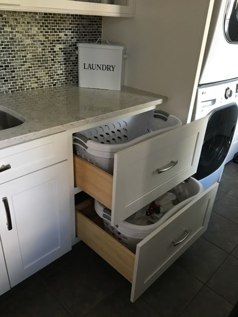 Pull Out Laundry Basket Cabinet, Laundry Drawers Baskets, Dirty Clothes Storage Laundry Room, Closet With Built In Laundry Bin, Laundry Basket In Cabinet, Pull Out Laundry Drawer, Laundry Basket Drawer, Laundry Drawer Organization, Laundry Under Sink