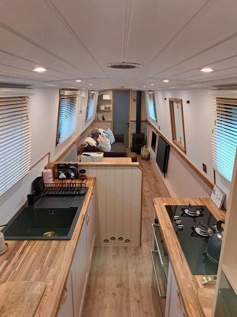 Narrow Boat Interior, Narrowboat Kitchen, Barge Interior, Canal Boat Interior, Barge Boat, Narrowboat Interiors, Canal Barge, Van Interiors, Boat House Interior