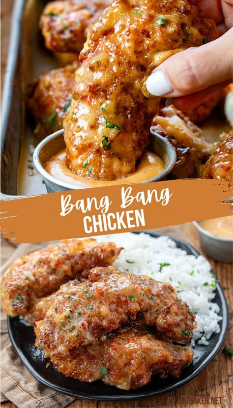 A chicken tender is being dipped into bang bang sauce, and a black plate is loaded with white rice and bang bang chicken. Meal Ideas For School, Asian Food Recipes Chicken, Funny Cartoon Jokes, Easy Asian Food, Dump And Go Crockpot Dinners, Exotic Desserts, New Food Recipes, Cheap Recipe, Top Dinner Recipes