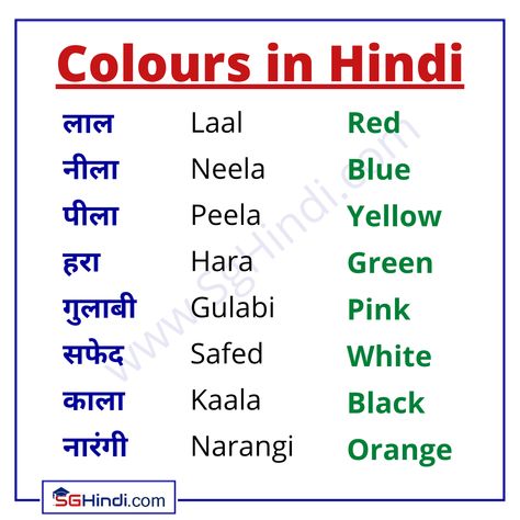 Hindi Colour Name, How To Learn Hindi Language, Colours In Hindi, Colours Name For Kids, Kids Learning Charts, Hindi Script, Colours Name, Learning Hindi, Hindi Vocabulary