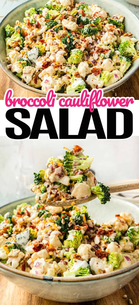 Broccoli Cauliflower Salad is a potluck dream, full of fresh veggies, crispy bacon, sunflower seeds, cheese, and an easy flavorful dressing! Cauliflower Salad With Bacon, Broccoli And Cauliflower Salad, Broccoli Cauliflower Salad Recipes, Special Salad, Cauliflower Salad Recipe, Salad Broccoli, Salad Appetizer Cups, Sliced Carrots, Best Broccoli