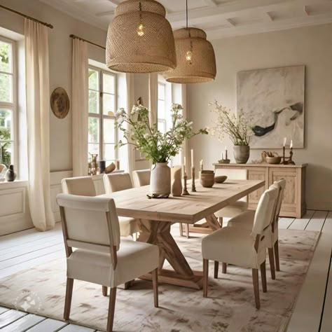 Beige Dinner Room, Light Beige Dining Room, Dining Room Neutral Decor, Dining Room Off Living Room, Beige Aesthetic Dining Room, Natural Modern Dining Room, Dining Room In Front Of House Entryway, Dining Room Design Cozy, Dining Room Modern Organic