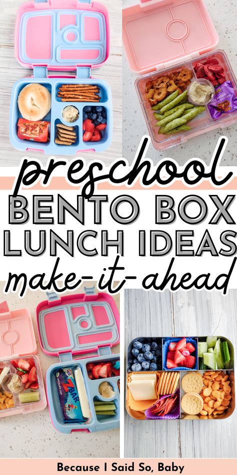 Preschool Bento Box Lunch Ideas | make-ahead lunchbox ideas | easy lunch ideas for preschoolers! #preschool #bento #box #lunchbox #lunch #ideas #easy #healthy #makeahead via @becausebaby Lunch Box Preschool, Pre K Bento Lunch Ideas, Preschool School Lunch Ideas, School Lunch Ideas For Preschoolers, Kids Meal Prep Lunch Boxes, Bento Box Toddler Lunch Ideas, Cold Bento Box Lunch For Kids, Bentgo Kids Snack Ideas, Toddler Lunch Bento Box Ideas