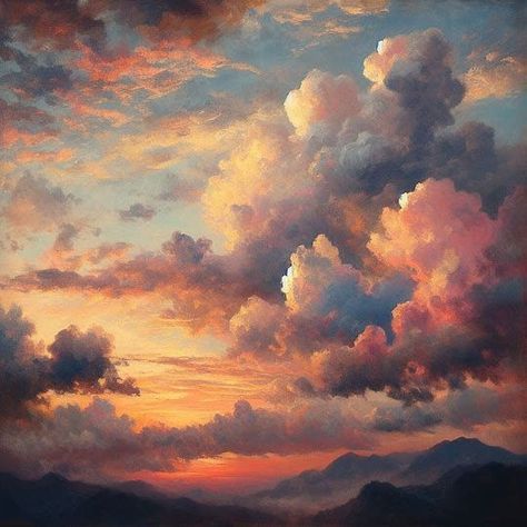 Cloudy Day Painting, Oil Painting Of Clouds, Cloudy Sunset Painting, Yellow Sky Painting, Sunset Clouds Painting, Cloudy Painting, Sunset Sky Painting, Cloudy Sky Painting, Painting Of Sky