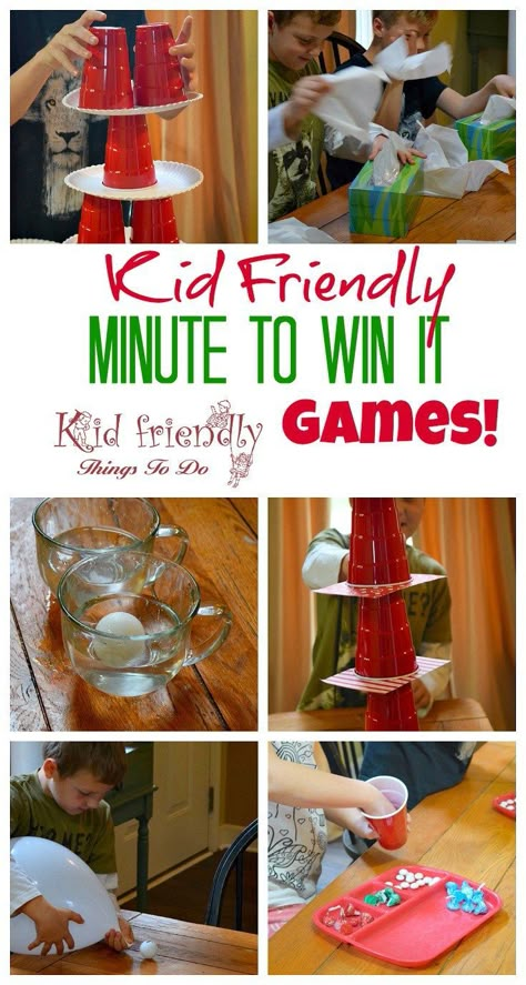 Kid Friendly Easy Minute To Win It Games for Your Party - Simple and fun games for your holiday, school, New Years, or anytime party! http://www.kidfriendlythingstodo.com #minutetowinitgames #familyminutetowinitgames #teenminutetowinitgames #kidminutetowinitgames Kids New Years Eve, Geek House, New Year's Games, Diy Kids Games, Christmas Games For Kids, Bloc Party, Minute To Win It Games, Minute To Win, Minute To Win It