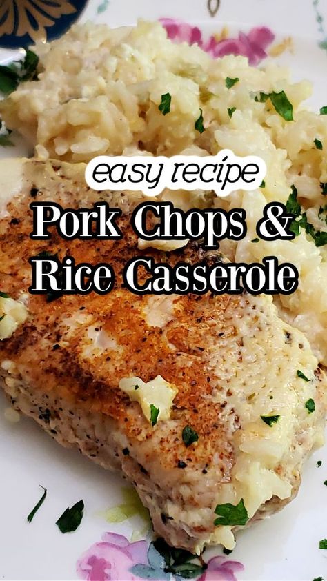 Looking for a cozy, comforting dinner idea? Try this Baked Pork Chop and Rice Casserole! Juicy, tender pork chops are baked to perfection with a creamy rice mixture. This one pot meal takes just a few simple ingredients to prepare and it out of the oven in about an hour. That makes this a family favorite that is perfect for those busy weeknights. A home cooked meal on the table that even those picky eaters will love. Enjoy! No Peek Pork Chops And Rice Oven, Pork Chops Rice Casserole, Rice And Pork Chops Recipes, Pork Chop With Rice Recipes, Pork Chops And Minute Rice Casserole, Oven Baked Pork Chop Recipes Cream Of Mushrooms, Pork Casseroles Dinners, No Peek Pork Chops And Rice, Quick And Easy Pork Chop Recipes