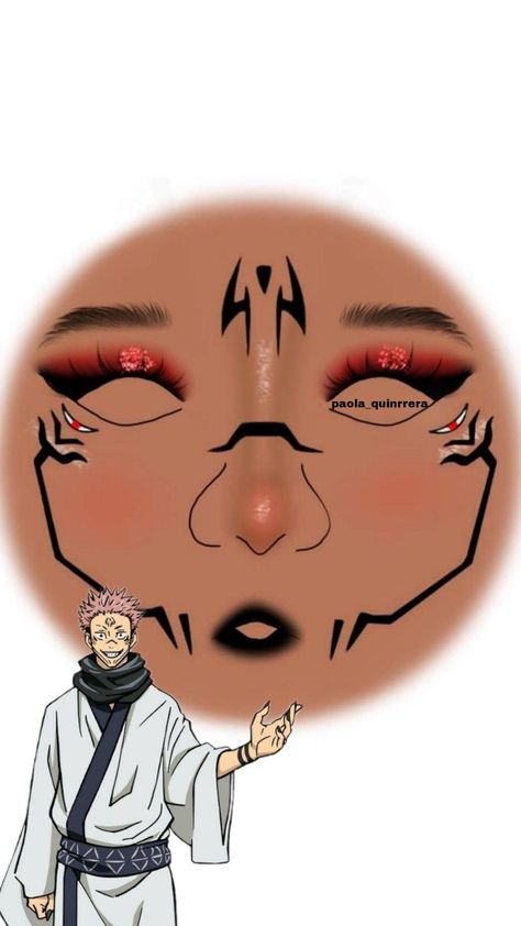 Sukuna Halloween Makeup, Sukuna Face Make Up, Akatsuki Makeup Inspired, Jujutsu Kaisen Cosplay Sukuna, Sukuna Inspired Makeup, Simple Anime Costume Ideas, Anime Inspired Eyeliner, Jujutsu Kaisen Makeup Look, Anime Makeup Halloween