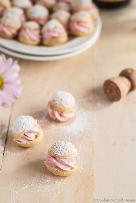 Mini Profiteroles with Strawberry Cream | A Cookie Named Desire Mini Profiteroles, Mini Pastry, Small Pastries, High Tea Food, Choux Buns, Resepi Biskut, Mini Dessert Recipes, Profiterole, Cream Puff Recipe