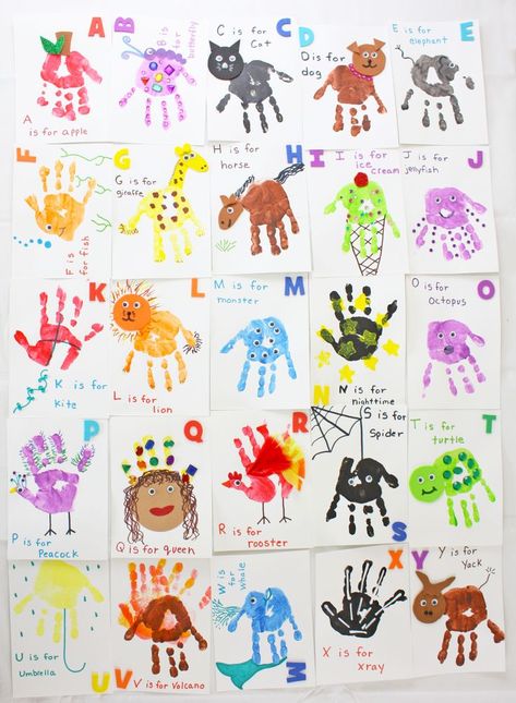 Handprint Alphabet, Abc Crafts, Footprint Crafts, Baby Art Projects, Toddler Arts And Crafts, Alphabet Crafts, Preschool Art Activities, Footprint Art, Handprint Craft