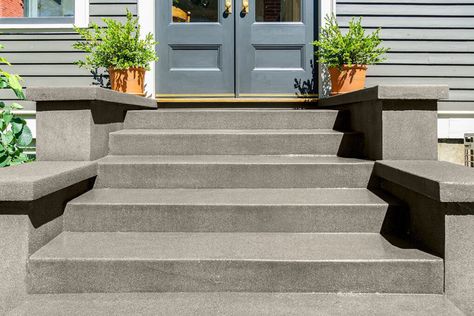 Front Porch Concrete Steps, Patio Stairs With Landing Concrete, Exterior Stairs To Front Door Concrete, Cement Steps Backyard, Cement Porch Ideas Front Steps, Concrete Entry Steps, Front Door Concrete Steps Ideas, Cement Steps Front Porch, Poured Concrete Steps