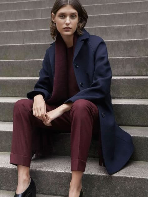 Navy & Burgundy. Burgundy Blue Outfit, Navy And Burgundy Outfit, Navy Blue Coat Outfit Winter, Navy Coat Outfit Winter Wear, Burgundy And Blue Outfit, Navy Blue Coat Outfit, Navy Coat Outfit, Blue Coat Outfit, Navy Outfit Ideas