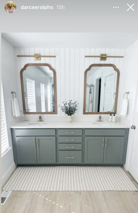 Modern Farmhouse Bathroom Mirror Ideas, Master Bathrooms Modern Farmhouse, Mather Bathroom Ideas, Blue Green Cabinets Bathroom, Beach Guest Bathroom, Sage Green Shiplap Bathroom, Sage And Gold Bathroom Ideas, Bathroom Tall Ceiling, Guest Bathroom Ideas Double Sink