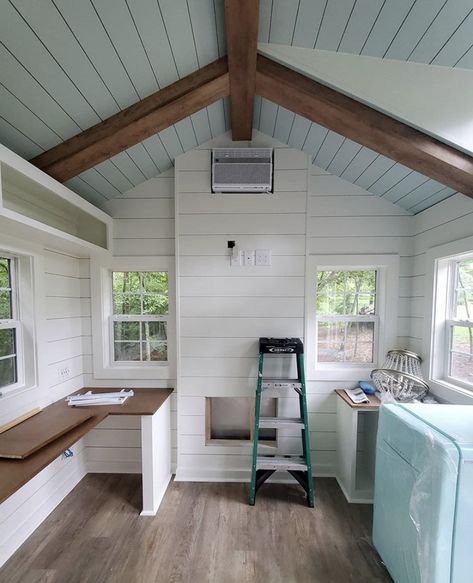 Shed Inspo Inside, She’d Conversion, Tiny Shed Interior, She Shed Studio Ideas, She Shed Closet Ideas, Diy Furniture Build, She Shed Office Interior Ideas, Shed Studio Apartment, Shed Turned Office