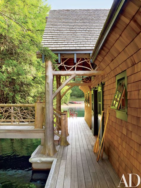 Boathouse Architecture, Shope Reno Wharton, Dock House, Shake Shingle, Adirondack Style, Awning Windows, Lakefront Living, Saranac Lake, Thom Filicia