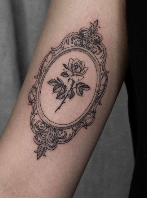 flower rose framed black fine line tattoo inspo Victorian Tattoo, Mirror Tattoos, Framed Tattoo, Summer Tattoo, Tattoo Me, Body Modification, Vintage Tattoo, Piercing Ideas, Simplistic Tattoos