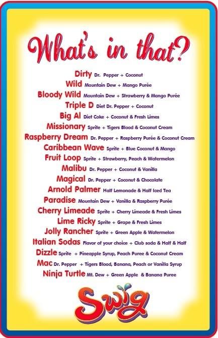 Swig drinks! Love the big al! My kids love the dizzle which isn't listed here Soda And Syrup Recipes, Swig Drink Recipes How To Make, Diy Swig Drinks, Italian Soda Recipes Drinks, Swig Recipes Drinks, Swig Soda Recipes, Dirty Coke Recipe, Swig Recipes, Sodalicious Drink Recipes