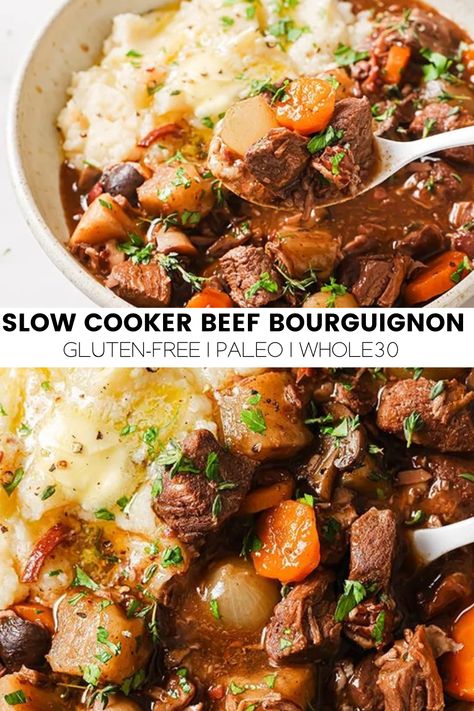 Slow Cooker Beef Bourguignon {Gluten Free} - Unbound Wellness Beef Bourguignon Slow Cooker, Slow Cooker Beef Bourguignon, Gluten Free Beef Stew, Paleo Beef Recipes, Unbound Wellness, Slow Cooker Recipes Beef, Paleo Beef, French Classic, Aip Recipes