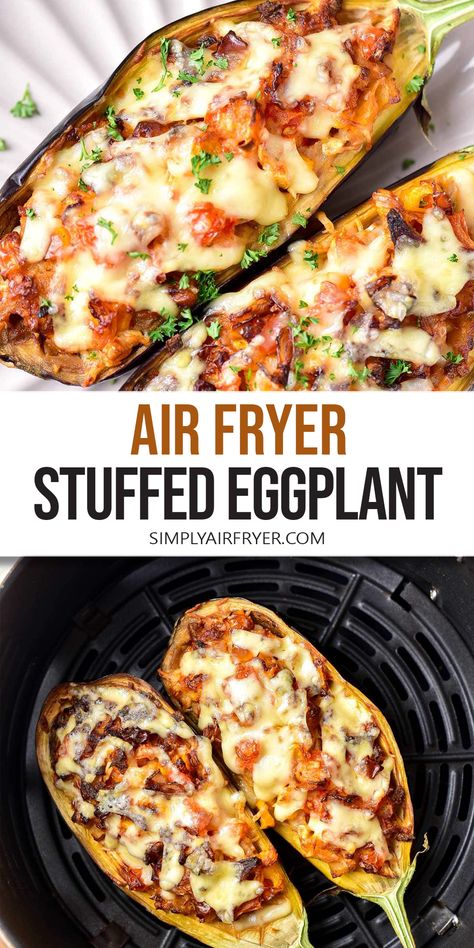 Want to make Air Fryer Stuffed Eggplant? Filled with vegetables, spices, and cheese, this eggplant makes an easy and tasty vegetarian dinner! Eggplant Recipes Stuffed, Macro Friendly Eggplant Recipes, Eggplant Lunch Ideas, Airfry Eggplant Recipes, Eggplant Meal Prep, Eggplant Dishes Healthy, Air Fryer Meals Vegetarian, Egg Plants Recipe, Mediterranean Air Fryer Recipes