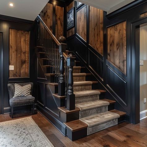 Rustic Staircase with Wood and Black Accents Staircase Rustic Ideas, Black And Wood Steps, Black Homes With Wood Accents, Stairs Black And Wood, Black And Wood Hallway, Dark Stain Staircase, Dark Oak Staircase, Basement Entryway Ideas Staircases, Black Wood Stairs