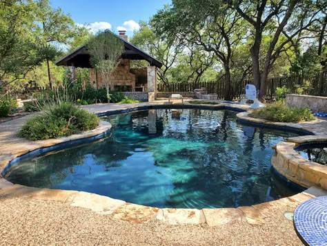 Country Home With Pool, Shared Pool Between Houses, French Country Pool Outdoor Living, Hill Country Pool Ideas, Country Pool Ideas Backyards, Country Swimming Pools, Pool On Farm, Lake House Pool Ideas, Country Home Pool