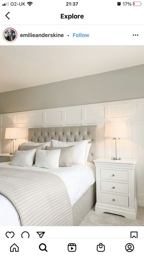 Bedroom Panelling Grey Bed, Neutral Grey Bedroom Ideas, Stone Grey Bedroom, Panaling Designs Bedroom, Neutral Bedroom With Panelling, Grey Bedroom Panelling, Neutral Bedroom With Grey Bed, Grey Bed Master Room, White Panelling Bedroom