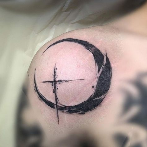 Cross With Dark Moon Tattoo Crescent Moon Tattoo On Shoulder, Cross And Moon Tattoo, Dream Tattoos Men, Gothic Star Tattoo, Demon Fox Tattoo, Black Crescent Moon Tattoo, Men Moon Tattoo, Moon Tattoo Dark, Moon Tattoos Men