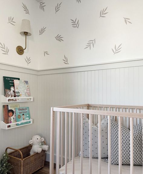 Nursery With Dado Rail, Tongue And Groove Panelling Nursery, White Board And Batten Nursery, Bead Board Wall Nursery, Nursery Wall Paneling Ideas, Vj Panelling Nursery, Beadboard Accent Wall Nursery, Tongue And Groove Nursery, Batten Board Nursery