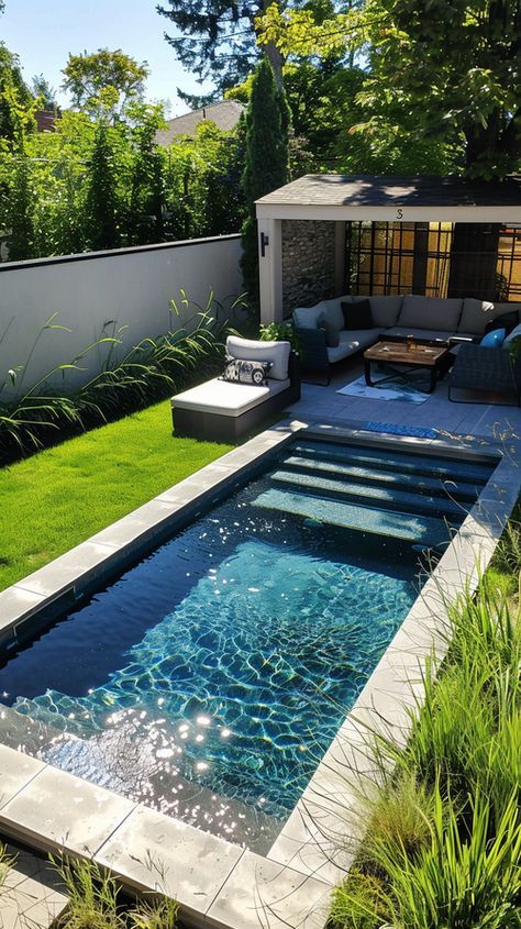 Backyard Landscaping With Pool Ideas, Modpool Backyard, Cozy Backyard Ideas On A Budget, Small Backyard Pool Landscaping, Small Backyard With Pool Ideas, Small Backyard Pool Designs, Pool For Small Backyard, Plunge Pool Ideas Small Spaces, Christmas Centerpieces For Table