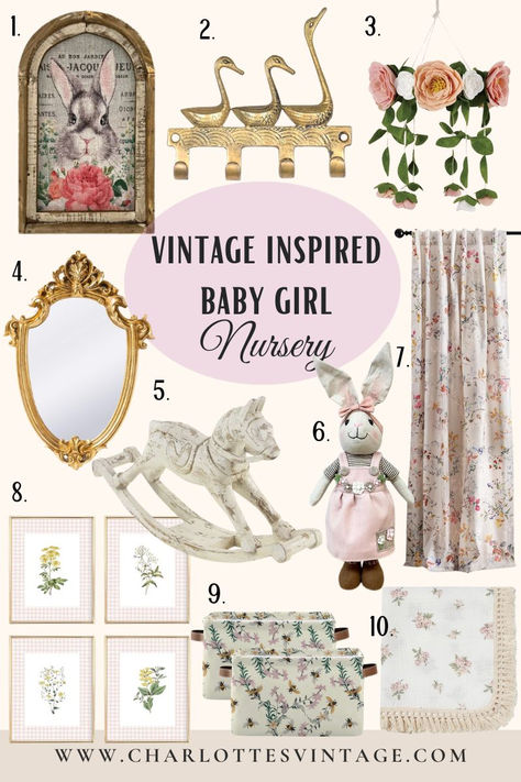 Decorate your baby girl's nursery with these vintage-inspired finds #sponsored | vintage bunny wall decor,  rocking horse, flower crib mobile, antique-style mirror, floral swaddle blanket, floral curtains, vintage all hooks, goose wall hooks, vintage bees flowers storage box, floral botanical art prints. Antique Themed Nursery, Antique Nursery Decor Girl, Garden Theme Nursery Girl, Vintage Rose Nursery, Vintage Bunny Nursery, Vintage Girl Nursery Ideas, Fairytale Nursery Girl, Pink Vintage Nursery, Baby Girl Vintage Nursery