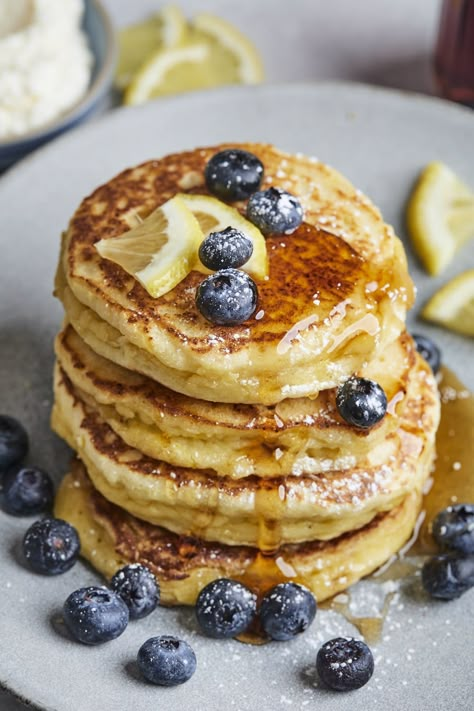 Lemon Ricotta Pancakes Recipe, Lemon Pancakes, Freeze Pancakes, Lemon Ricotta Pancakes, Ricotta Pancakes, Lemon Ricotta, Pancakes Healthy, Waffle Recipes, Pancakes And Waffles