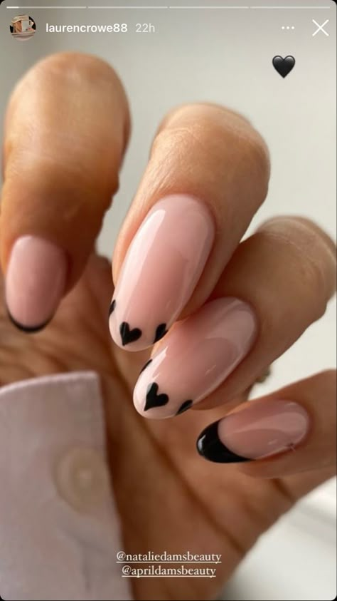 Black French Tips With Hearts, Black French Tip Nails Almond With Heart, Black Heart Nails Valentines Day, Not Basic Valentines Day Nails, French Manicure Valentine Nails, Nails For Each Month, Black And Pink Heart Nails, Black French Nails With Heart, Easy Almond Nail Designs