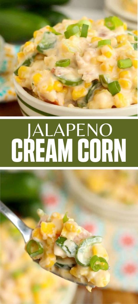 Collage of bowlful of jalapeno creamed corn at top and spoonful of jalapeno creamed corn at bottom. Creamed Corn With Jalapenos, Jalapeno Cream Cheese Corn, Cream Cheese Jalapeño Corn, Corn Jalapeno Casserole, Mexican Corn With Cream Cheese, Jalapeno Cream Corn Crockpot, Cheesy Corn Crockpot, Jalapeño Cream Corn, Jalapeno Creamed Corn