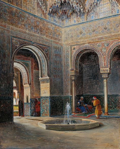 Francisco Muros Ubeda - The Alhambra , February 19, 1836 - Granada, June 2, 1917) was a painter belonging to the Granada school of the nineteenth century, draftsman and honorary professor of the school of fine arts of Granada. Alhambra Spain, Alhambra Palace, Arabian Art, Moroccan Art, Al Andalus, Islamic Paintings, Eastern Art, Arabic Art, Islamic World