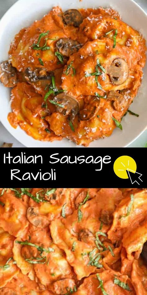 This Italian Sausage Ravioli recipe is simple, and perfect for any night of the week. With its creamy tomato sauce, flavorful vegetables, and savory ravioli, this dish is a winner. Sweet Italian Sausage Ravioli Recipe, Ravioli Recipe Red Sauce, Italian Sausage Stuffed Ravioli Recipe, Ravioli Recipe With Sausage, Sauce For Italian Sausage Ravioli, Sauteed Ravioli Recipe, Sausage Ravioli Bake, Sausage Ravioli Recipe Dinners, Italian Sausage Ravioli Sauce