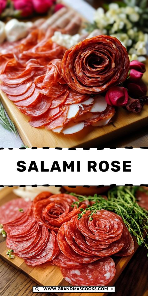 Elevate your charcuterie game with this Salami Rose Board! Featuring beautiful salami roses paired with cheeses, fruits, and crackers, it’s a showstopping appetizer that’s as delicious as it is elegant. All Meat Charcuterie Board, Salami Rose Charcuterie, Charcuterie Board Rose, How To Fold Salami For Charcuterie, Salami Flowers, Charcuterie Centerpiece, Italian Apps, How To Make Salami, Rose Tea Party